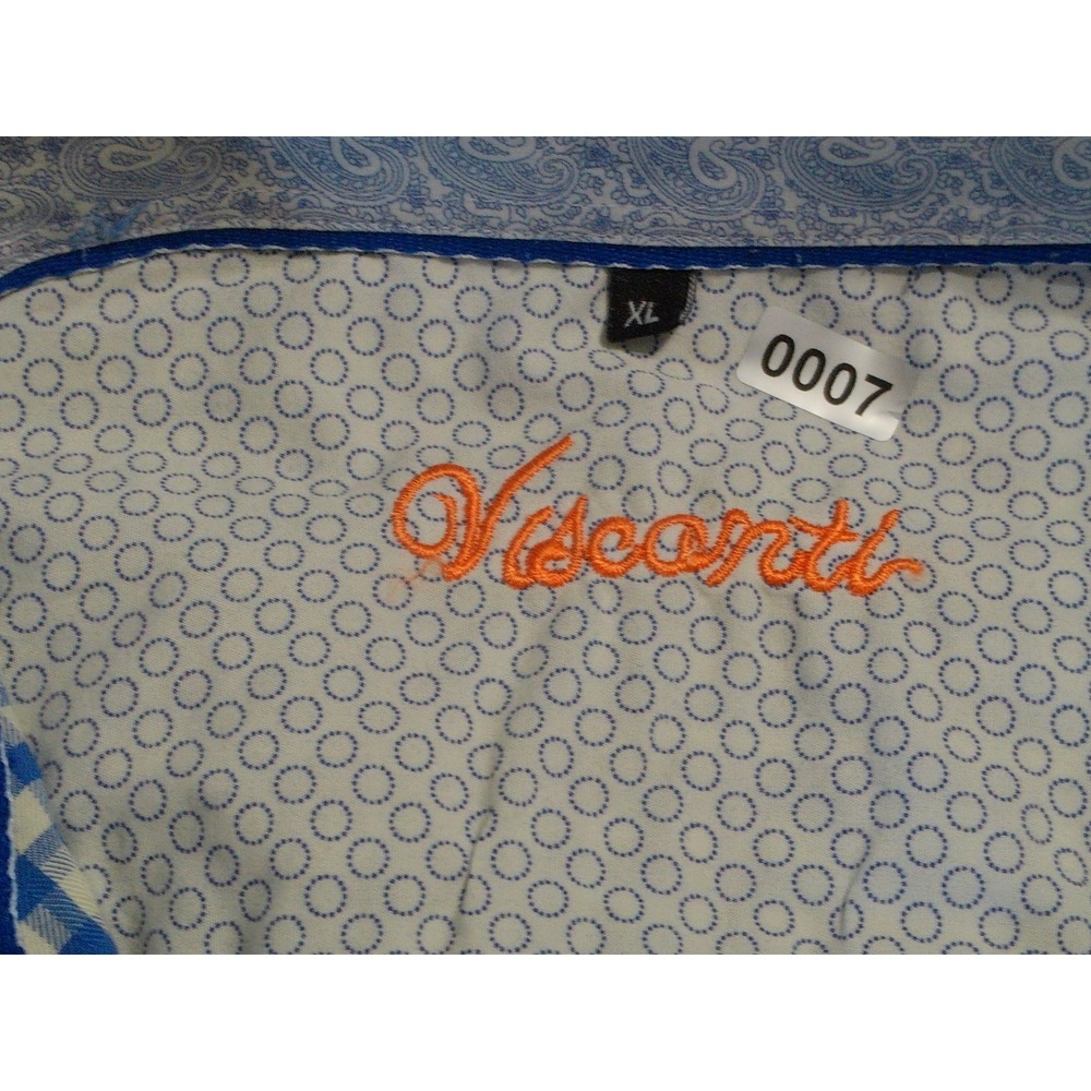 Visconti Mens‎ Blue Gingham Dress Shirt XL Paisley Trim Cotton